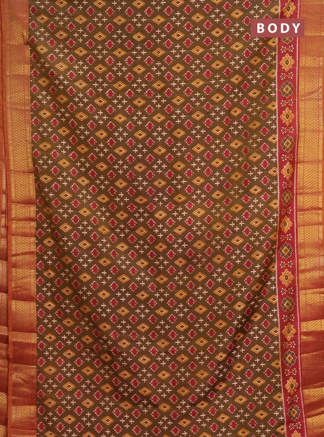 Semi tussar saree brown and maroon with allover ikat prints and zari woven border