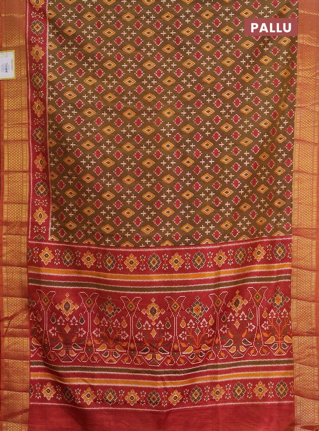 Semi tussar saree brown and maroon with allover ikat prints and zari woven border