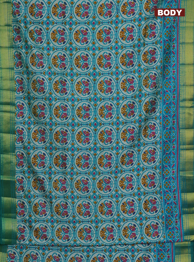 Semi tussar saree teal blue and beige with allover ikat prints and zari woven border