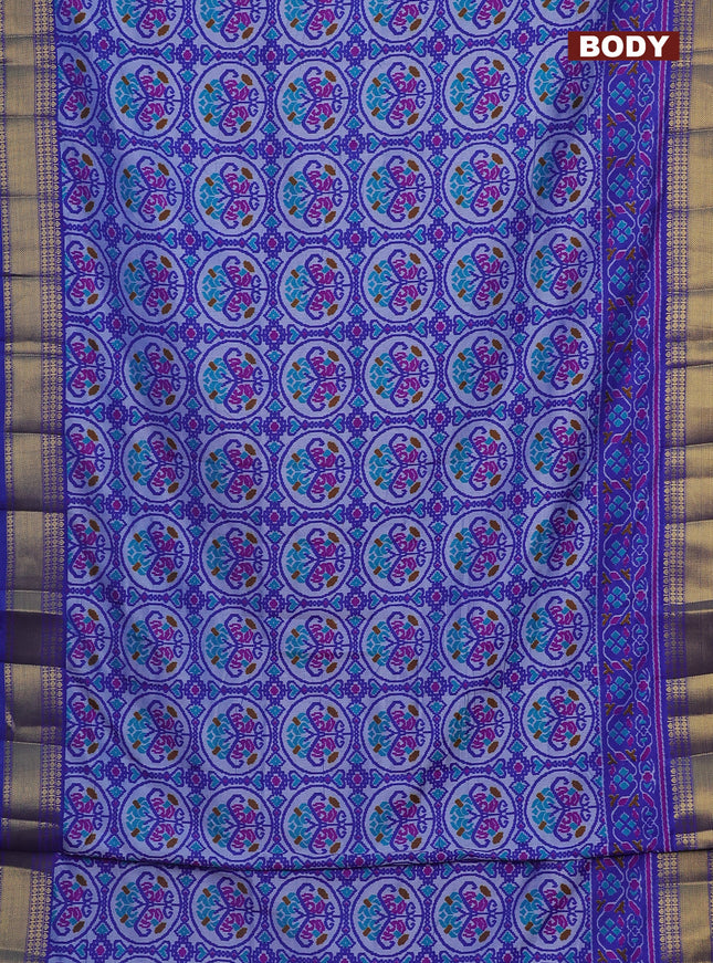 Semi tussar saree blue and grey with allover ikat prints and zari woven border