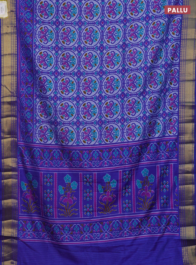 Semi tussar saree blue and grey with allover ikat prints and zari woven border