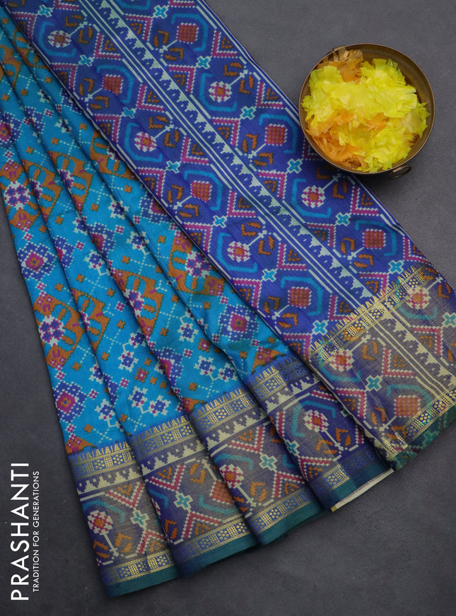 Semi tussar saree cs blue and dual shade of green with allover ikat prints and zari woven border