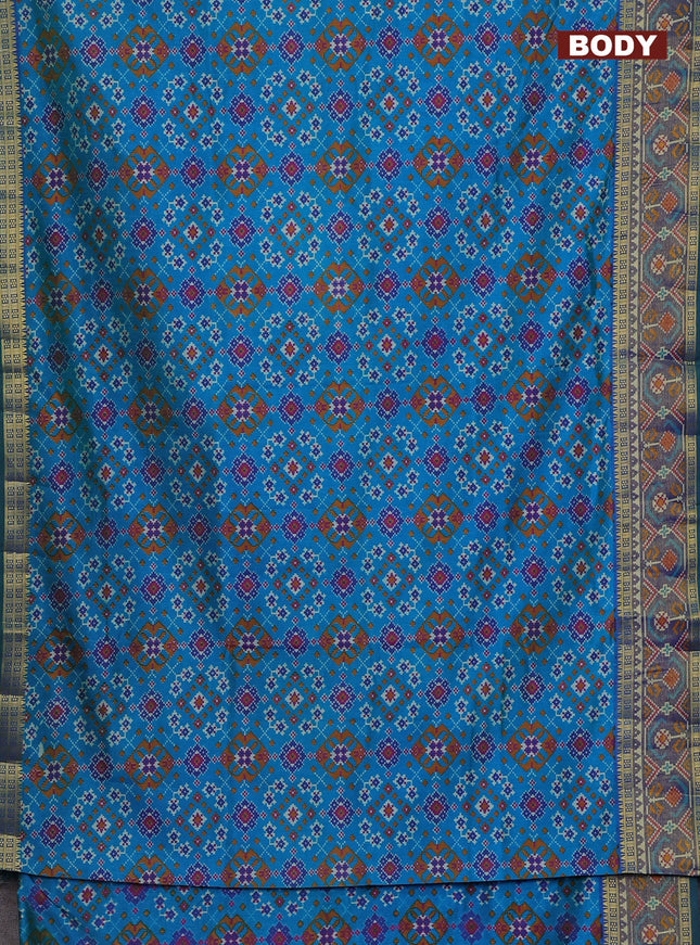 Semi tussar saree cs blue and dual shade of green with allover ikat prints and zari woven border