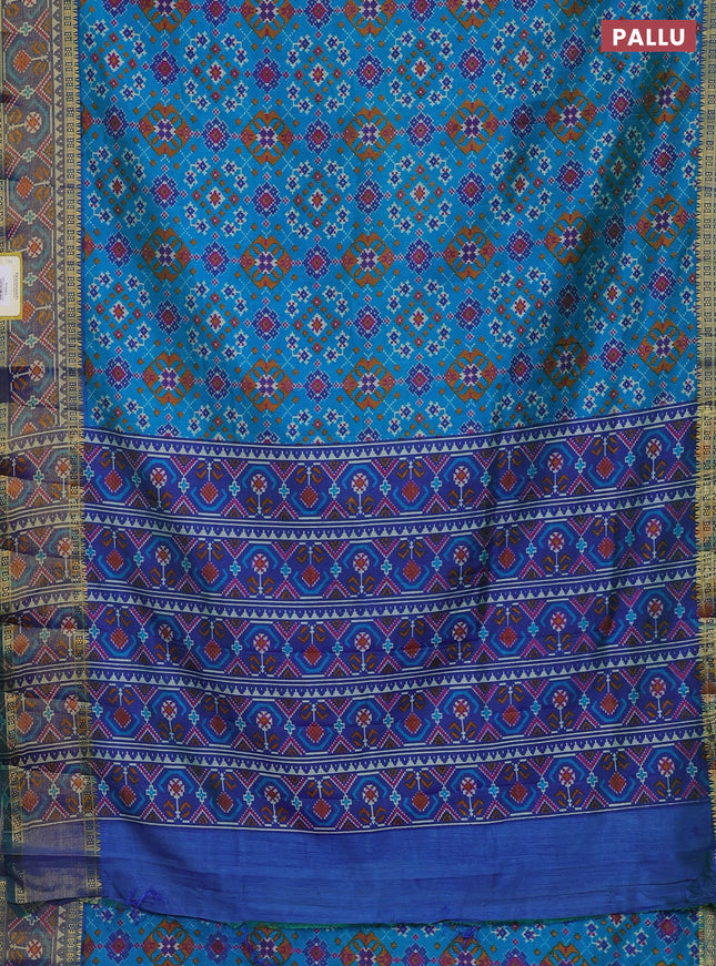 Semi tussar saree cs blue and dual shade of green with allover ikat prints and zari woven border
