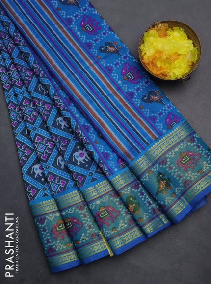 Semi tussar saree dual shade of dark blue and blue with allover ikat prints and zari woven border