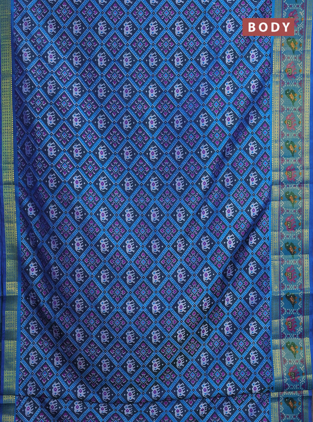 Semi tussar saree dual shade of dark blue and blue with allover ikat prints and zari woven border