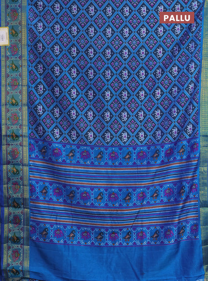 Semi tussar saree dual shade of dark blue and blue with allover ikat prints and zari woven border