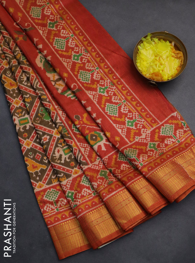 Semi tussar saree brown and red shade with allover ikat prints and zari woven border