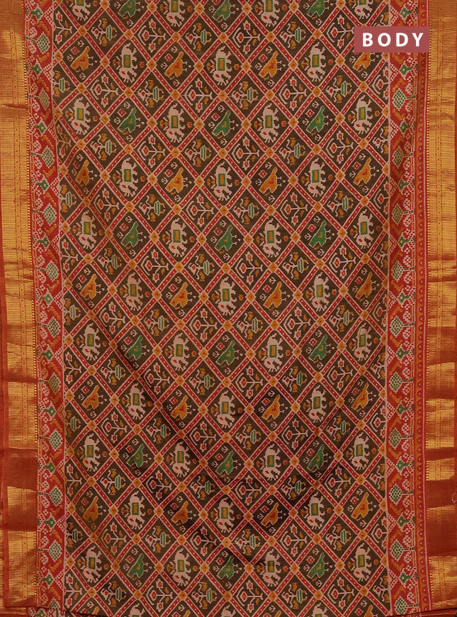 Semi tussar saree brown and red shade with allover ikat prints and zari woven border