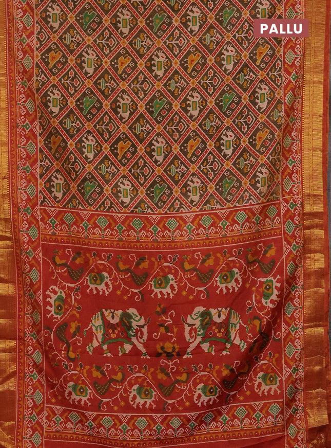 Semi tussar saree brown and red shade with allover ikat prints and zari woven border