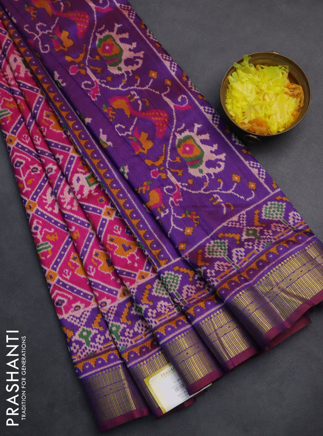 Semi tussar saree pink and violet with allover ikat prints and zari woven border