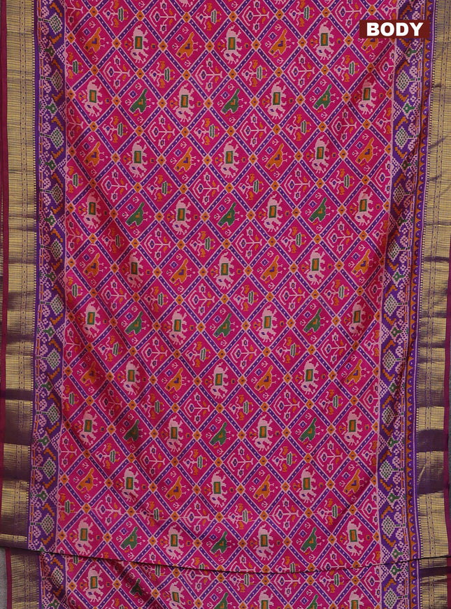 Semi tussar saree pink and violet with allover ikat prints and zari woven border