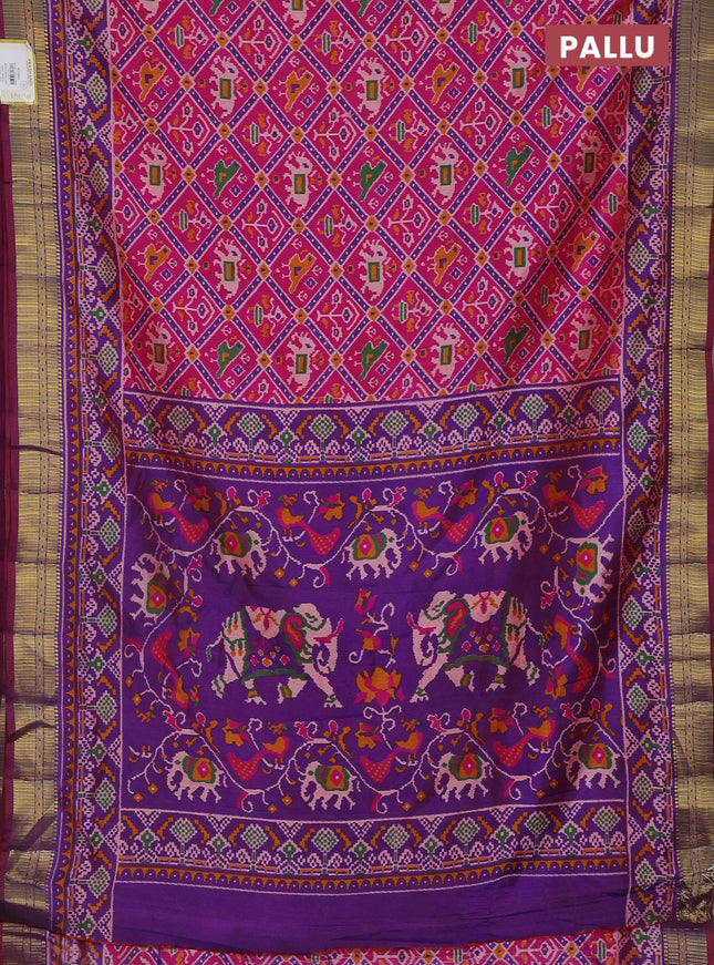 Semi tussar saree pink and violet with allover ikat prints and zari woven border