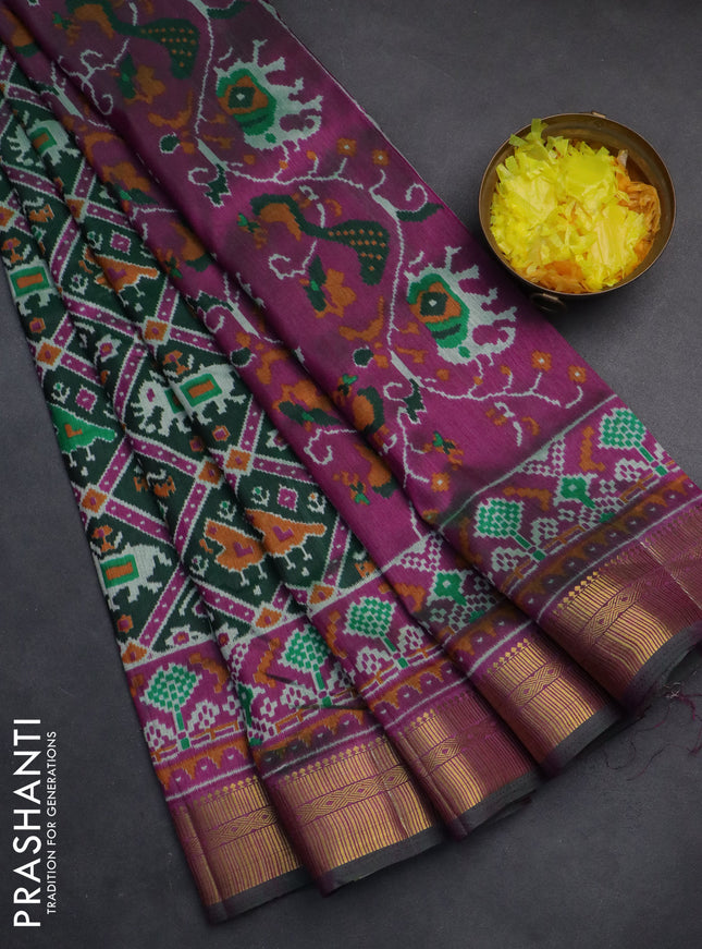 Semi tussar saree dark green and dark magenta pink with allover ikat prints and zari woven border