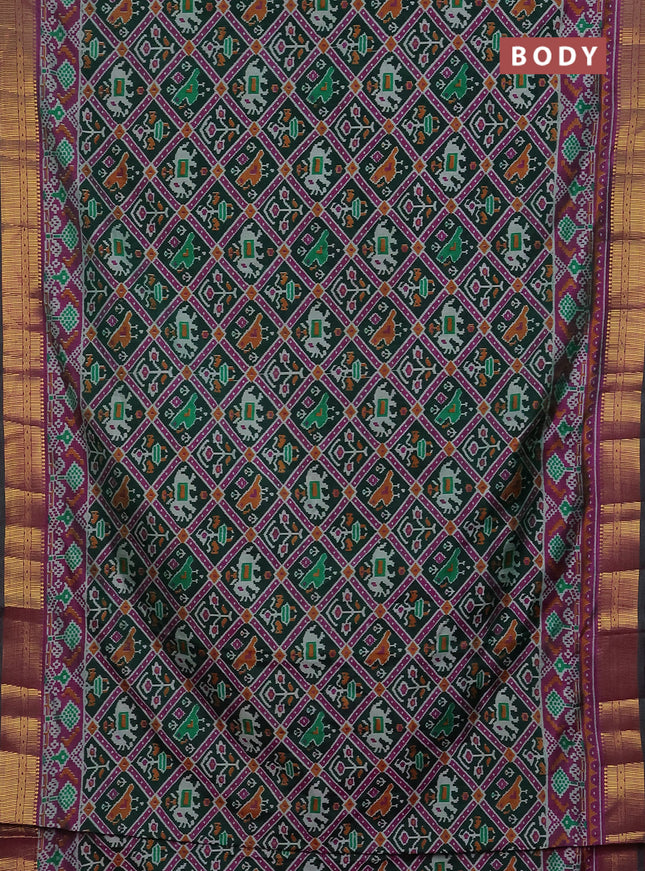 Semi tussar saree dark green and dark magenta pink with allover ikat prints and zari woven border