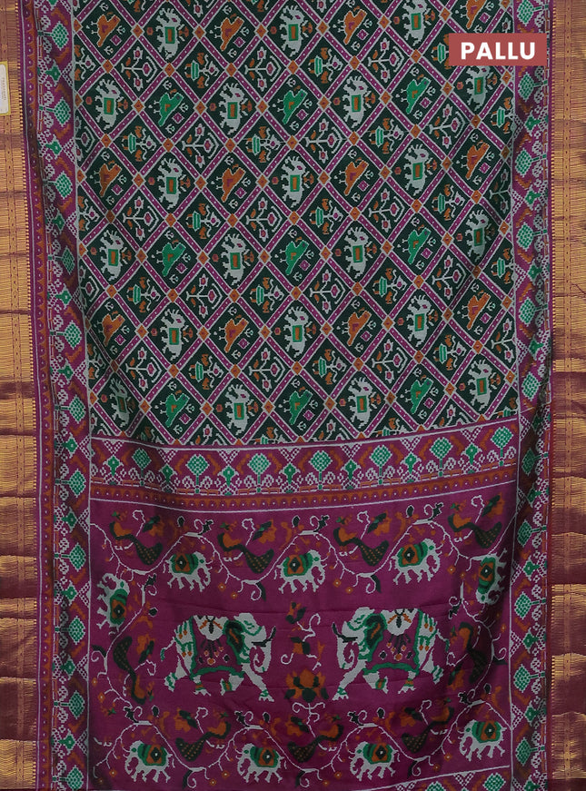 Semi tussar saree dark green and dark magenta pink with allover ikat prints and zari woven border