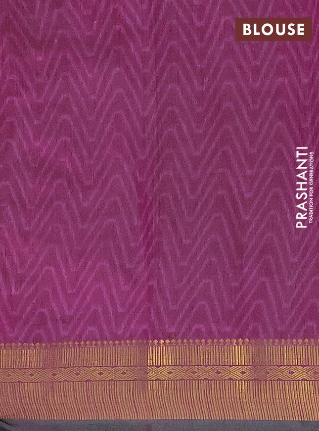 Semi tussar saree dark green and dark magenta pink with allover ikat prints and zari woven border