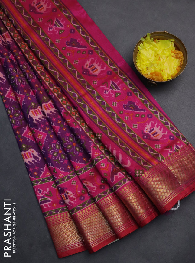 Semi tussar saree purple and pink with allover ikat prints and zari woven border