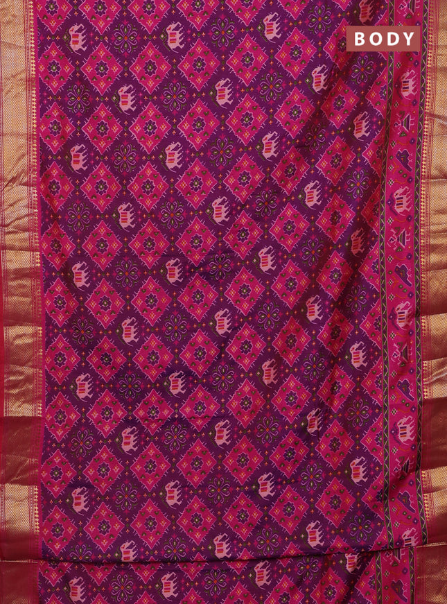 Semi tussar saree purple and pink with allover ikat prints and zari woven border