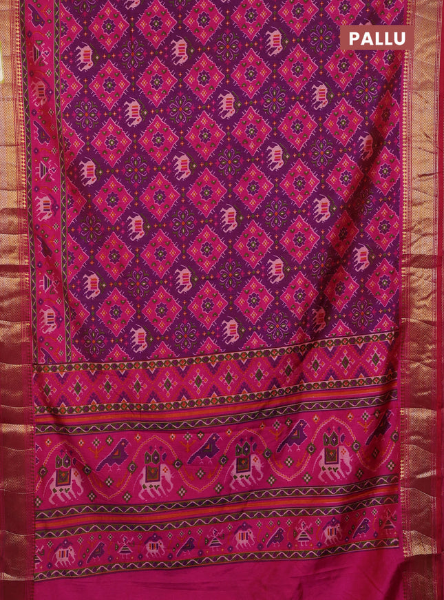 Semi tussar saree purple and pink with allover ikat prints and zari woven border