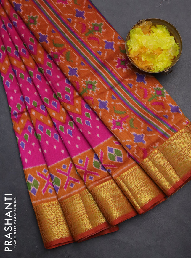 Semi tussar saree pink and dark mustard with allover ikat prints and zari woven border