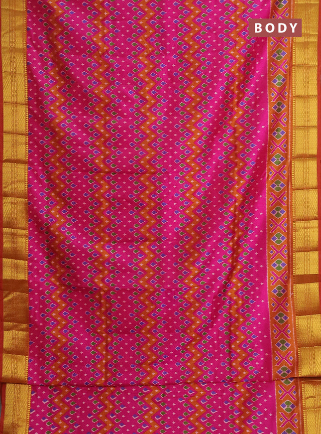 Semi tussar saree pink and dark mustard with allover ikat prints and zari woven border