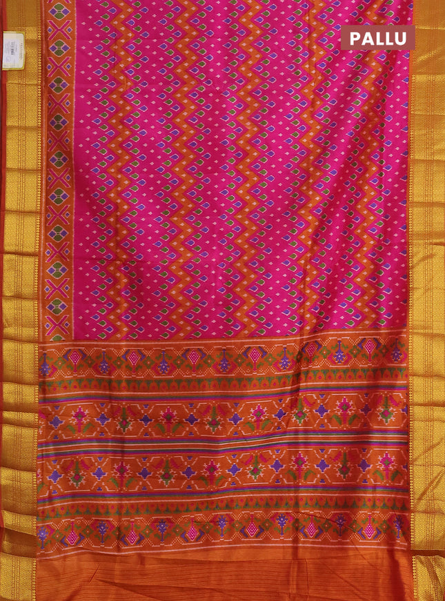 Semi tussar saree pink and dark mustard with allover ikat prints and zari woven border