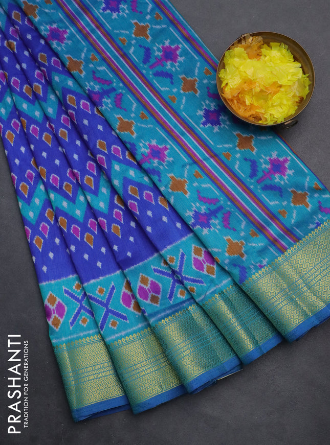 Semi tussar saree blue and teal blue with allover ikat prints and zari woven border
