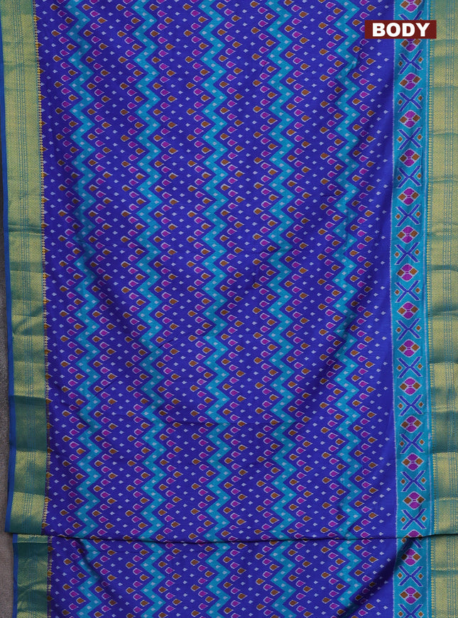 Semi tussar saree blue and teal blue with allover ikat prints and zari woven border