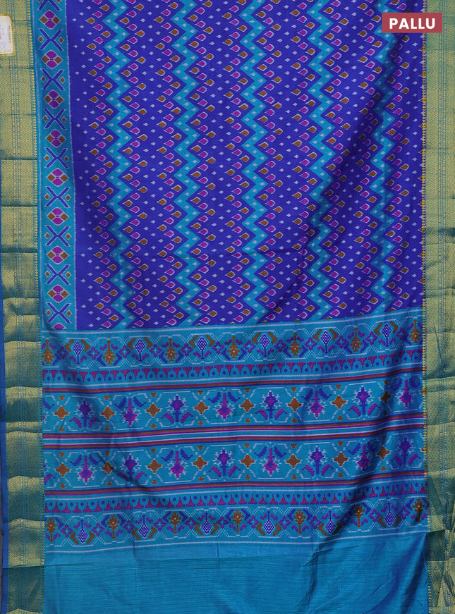 Semi tussar saree blue and teal blue with allover ikat prints and zari woven border