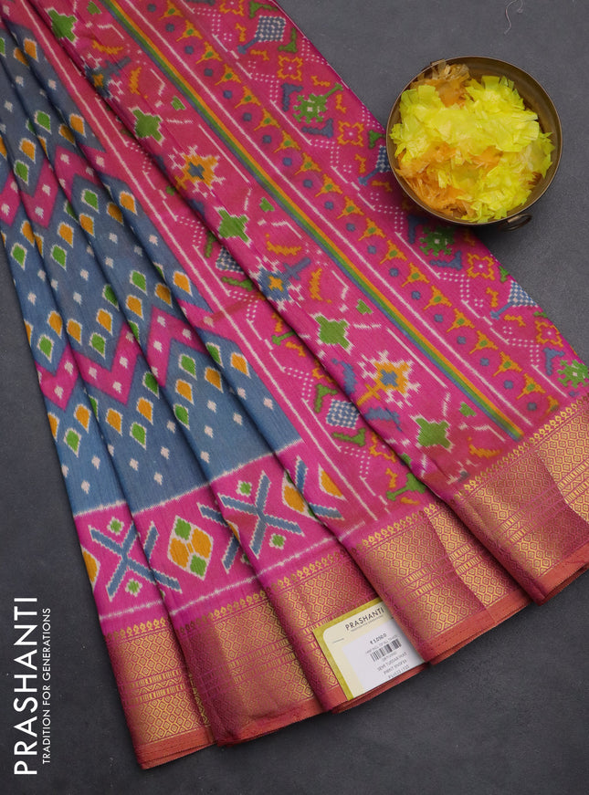 Semi tussar saree dual shade of blue and pink with allover ikat prints and zari woven border