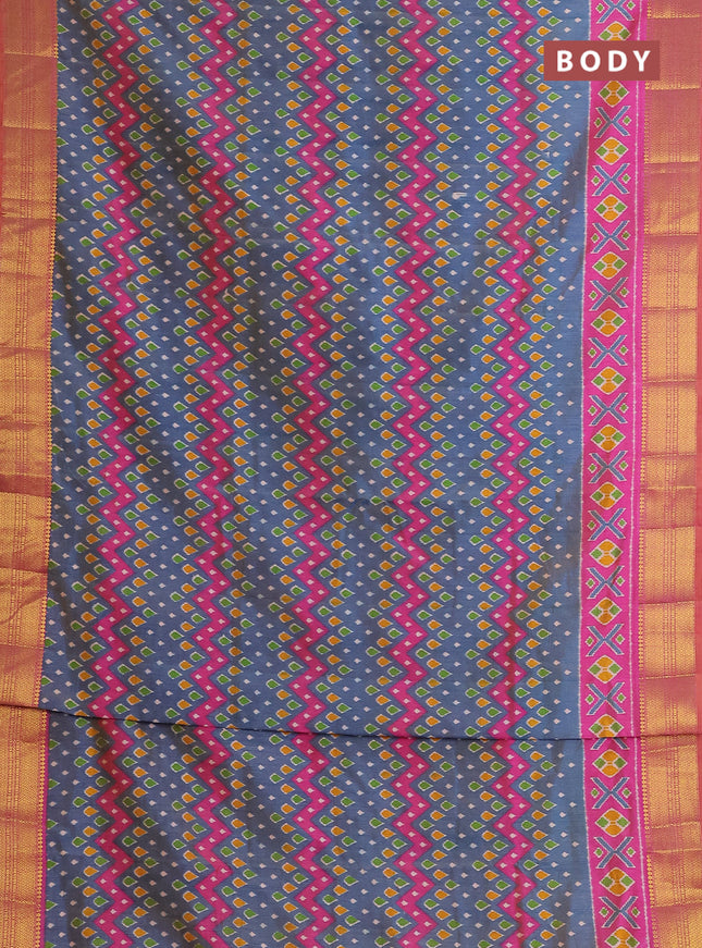 Semi tussar saree dual shade of blue and pink with allover ikat prints and zari woven border