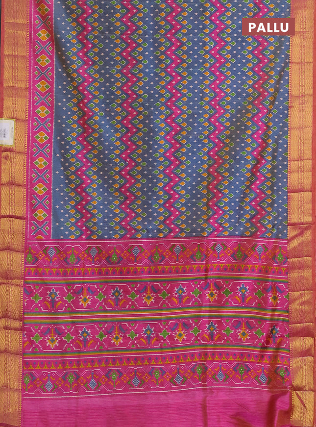 Semi tussar saree dual shade of blue and pink with allover ikat prints and zari woven border