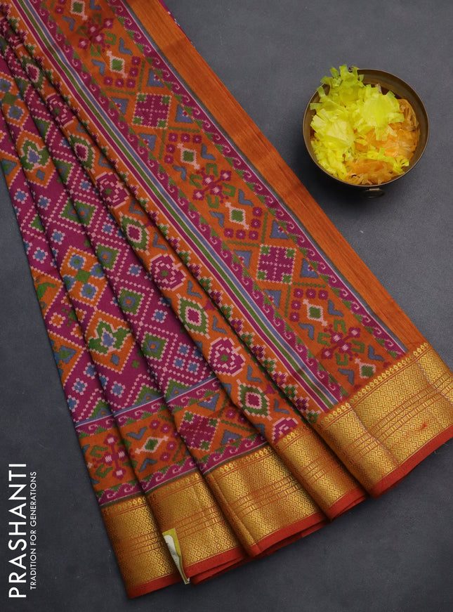 Semi tussar saree magenta pink and rust shade with allover ikat prints and zari woven border