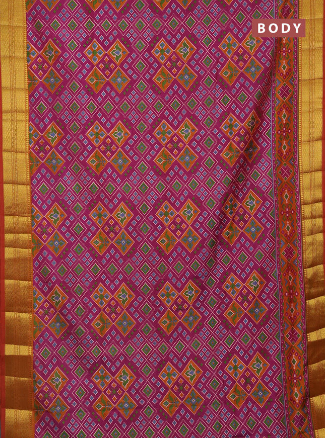 Semi tussar saree magenta pink and rust shade with allover ikat prints and zari woven border