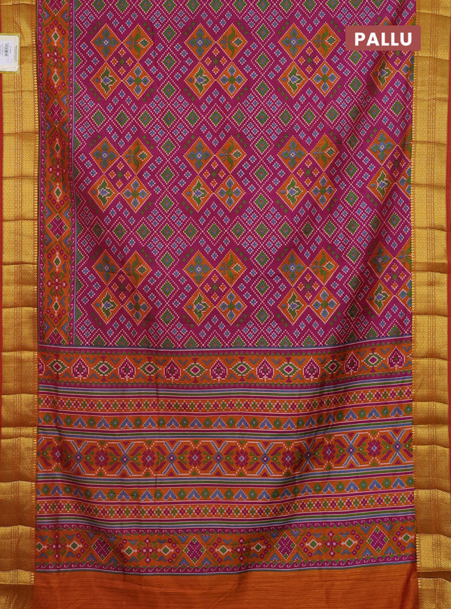 Semi tussar saree magenta pink and rust shade with allover ikat prints and zari woven border
