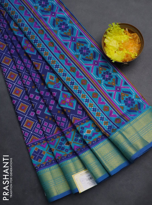 Semi tussar saree dark blue and cs blue with allover ikat prints and zari woven border