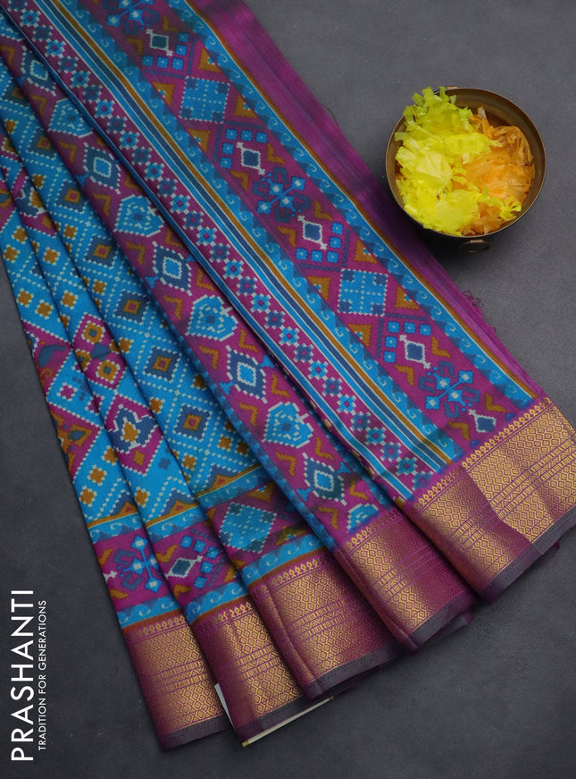 Semi tussar saree cs blue and dark magenta pink with allover ikat prints and zari woven border