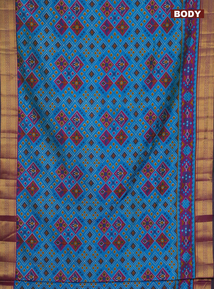 Semi tussar saree cs blue and dark magenta pink with allover ikat prints and zari woven border