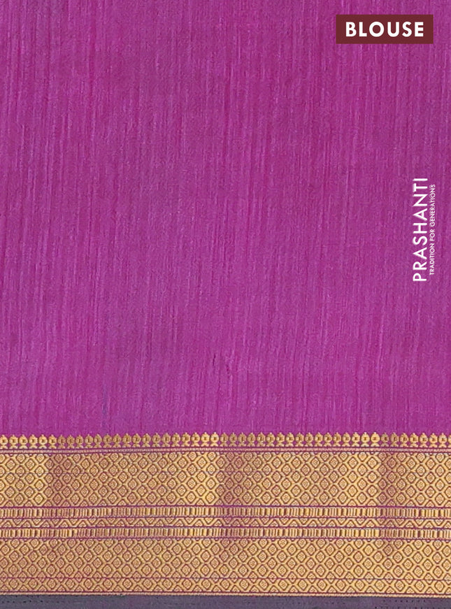 Semi tussar saree cs blue and dark magenta pink with allover ikat prints and zari woven border