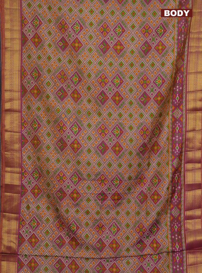 Semi tussar saree brown and magenta pink with allover ikat prints and zari woven border