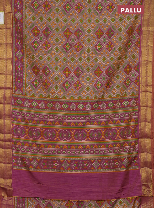 Semi tussar saree brown and magenta pink with allover ikat prints and zari woven border