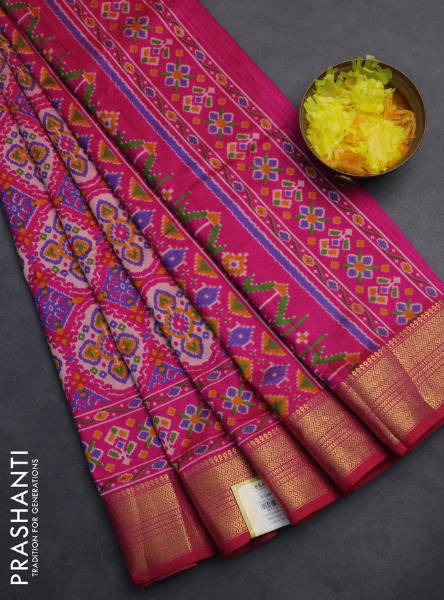 Semi tussar saree pink with allover ikat prints and zari woven border