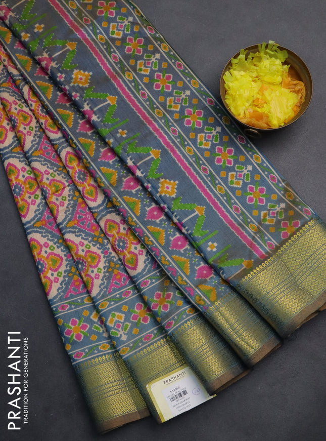 Semi tussar saree blue shade and beige with allover ikat prints and zari woven border