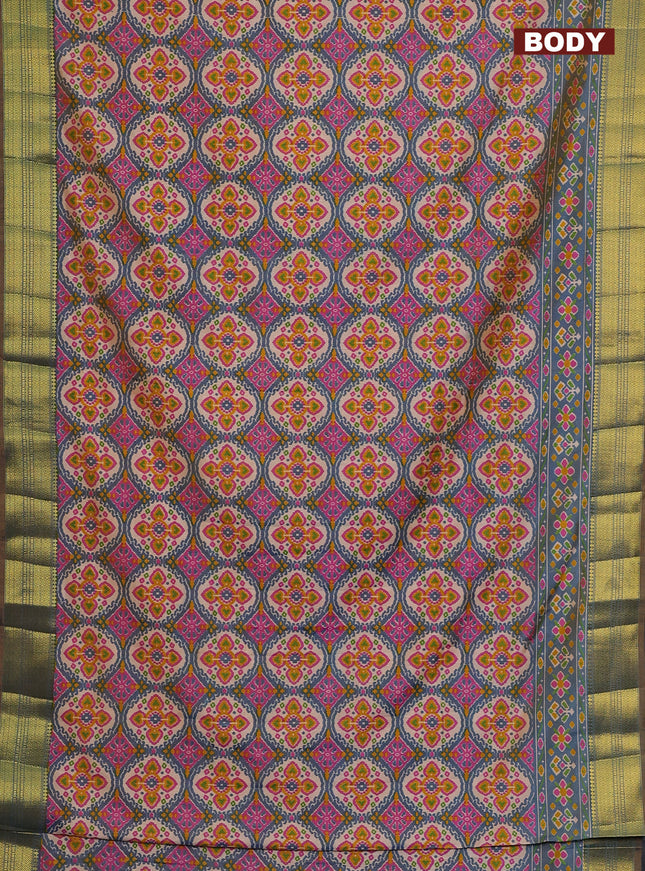 Semi tussar saree blue shade and beige with allover ikat prints and zari woven border