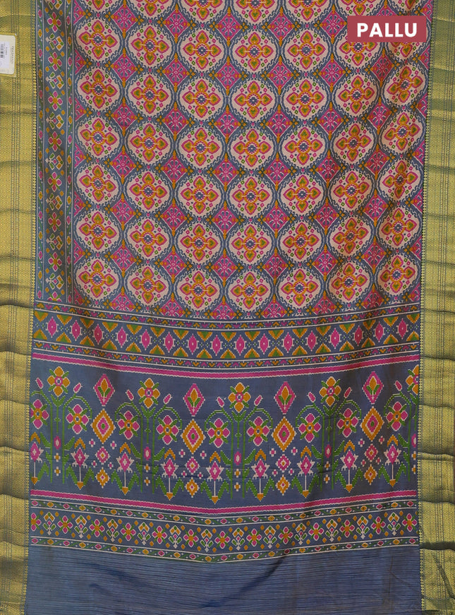 Semi tussar saree blue shade and beige with allover ikat prints and zari woven border