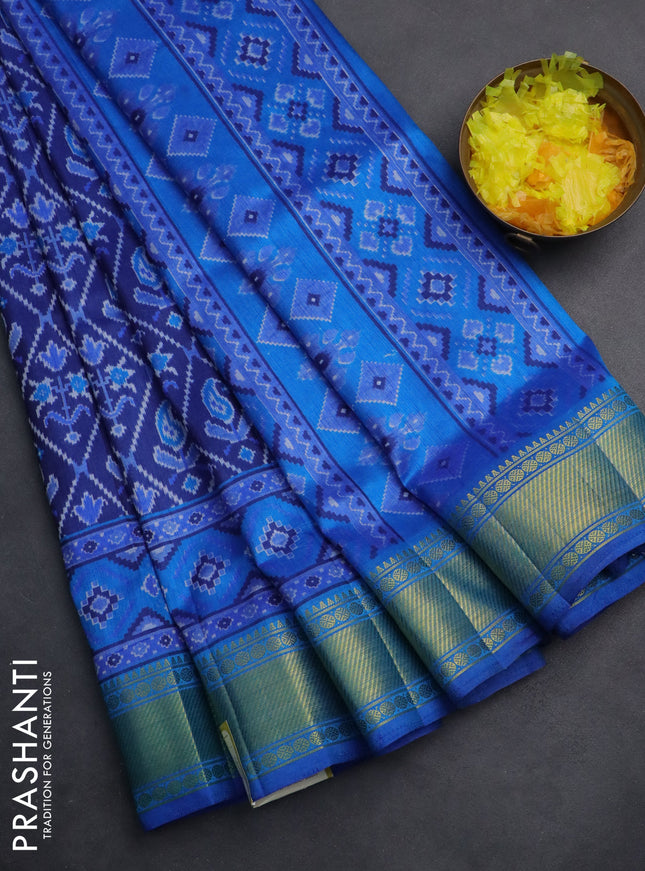 Semi tussar saree dark blue and cs blue with allover ikat prints and zari woven border