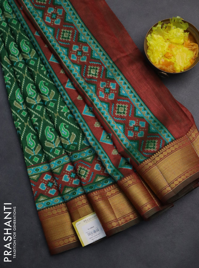 Semi tussar saree green and maroon with allover ikat prints and zari woven border