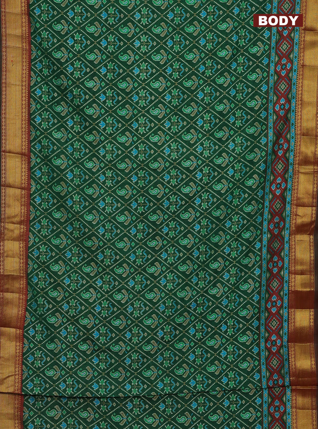 Semi tussar saree green and maroon with allover ikat prints and zari woven border