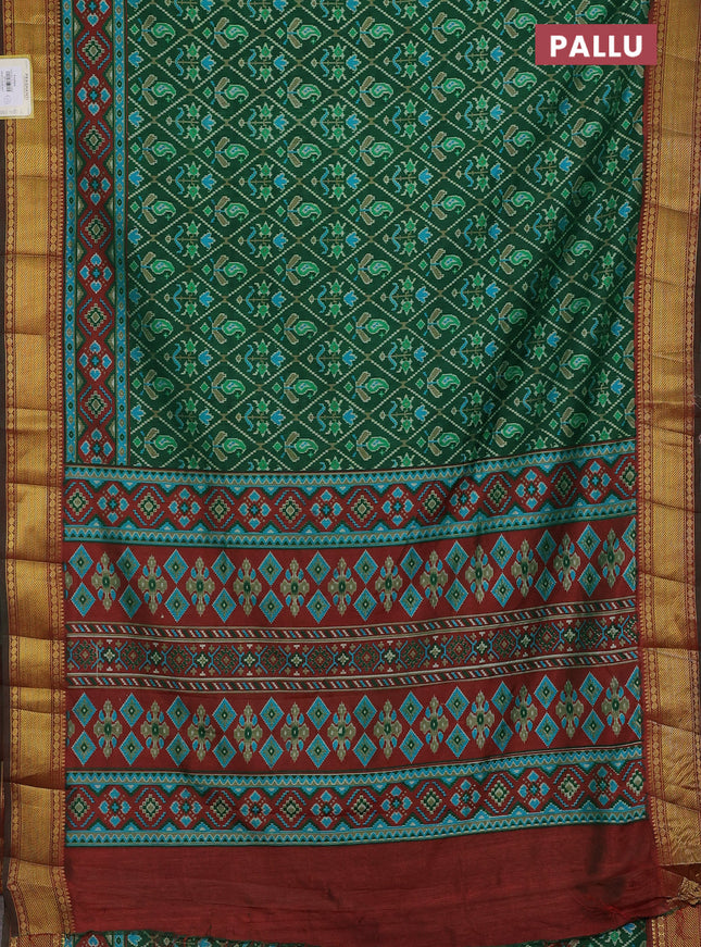 Semi tussar saree green and maroon with allover ikat prints and zari woven border